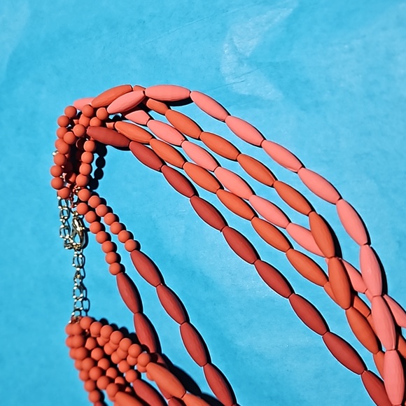 Coral 🎄 Pink Multi Strand Beaded Necklace with Clear Rhinestone - Picture 4 of 6